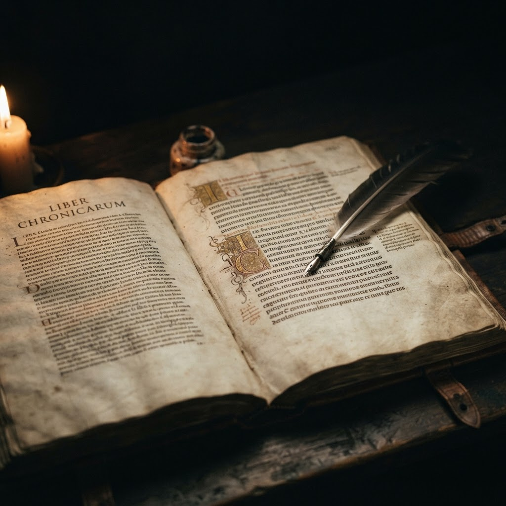 Manuscrito antigo com pena de escrever, representando os textos clássicos estudados no curso